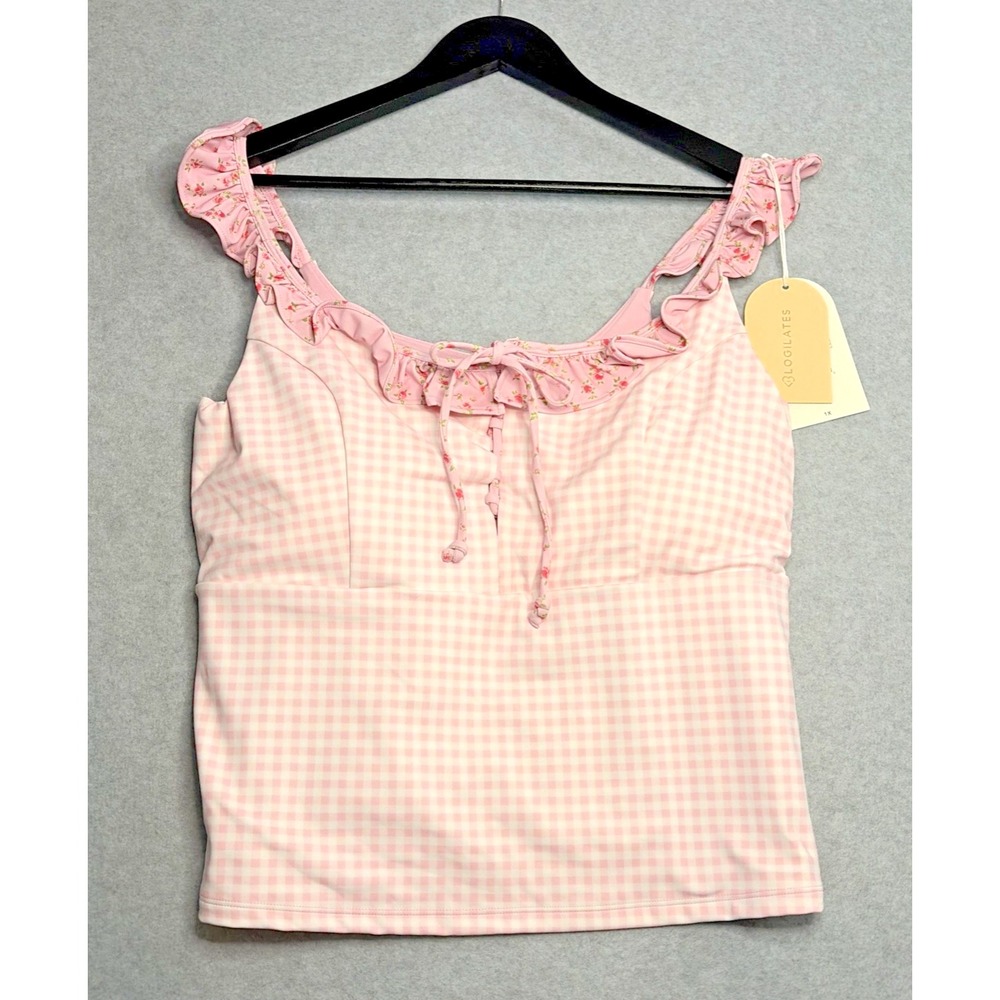 Blogilates Ruffle Lace Up Tank In Pink Gingham - 1X